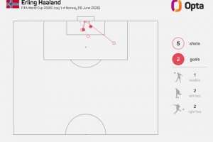 哈兰德世界杯单场射门5+且成功传球不足5次，2010年托雷斯后首人